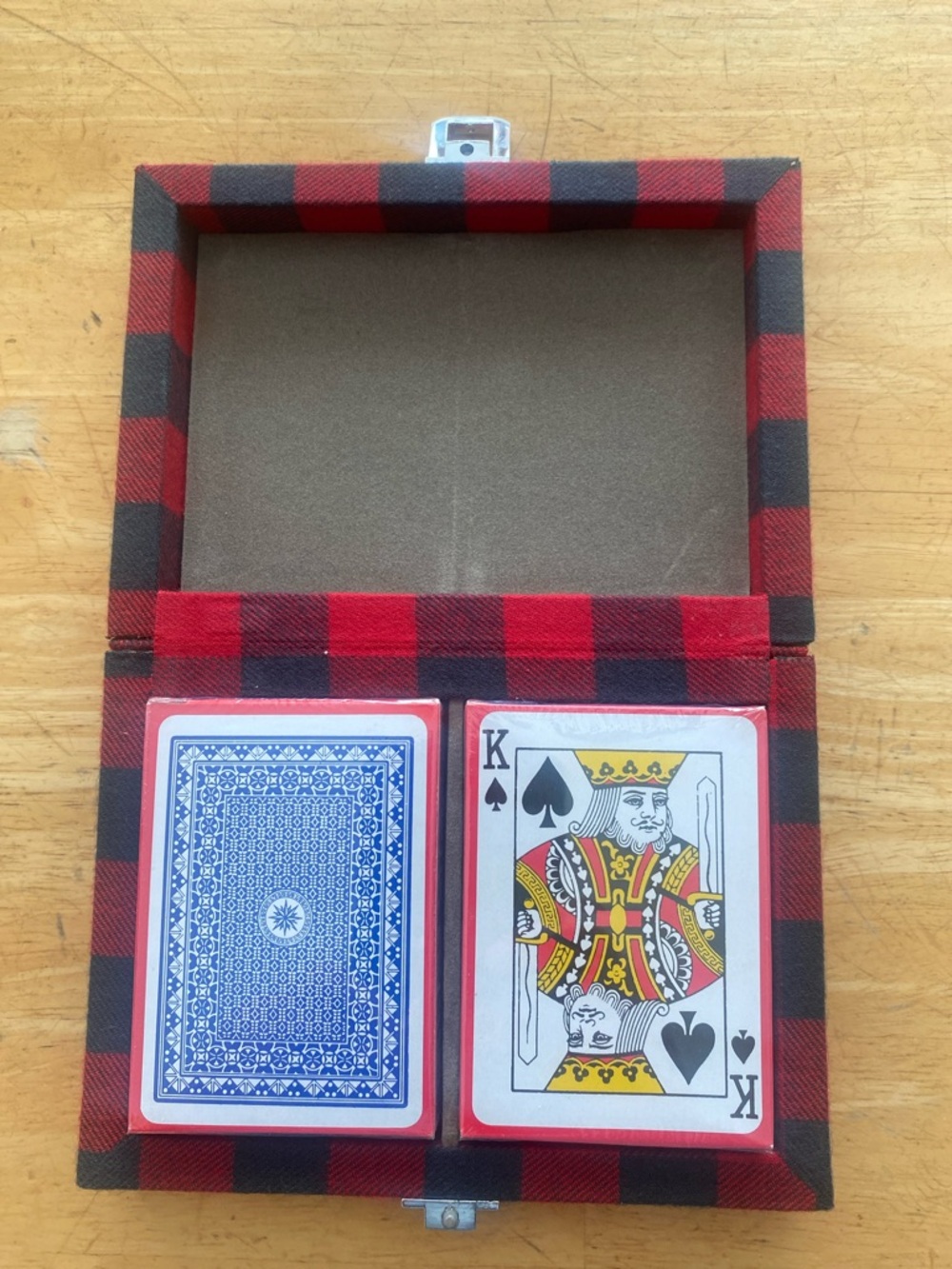 Red and Black Buffalo Plaid playing card box w 2 new decks cards.